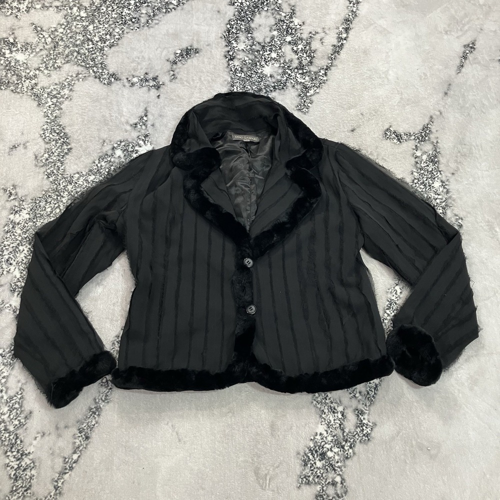 Dino Gaspari Rabbit Fur Trim Blazer Jacket Black Striped Womens Size Large